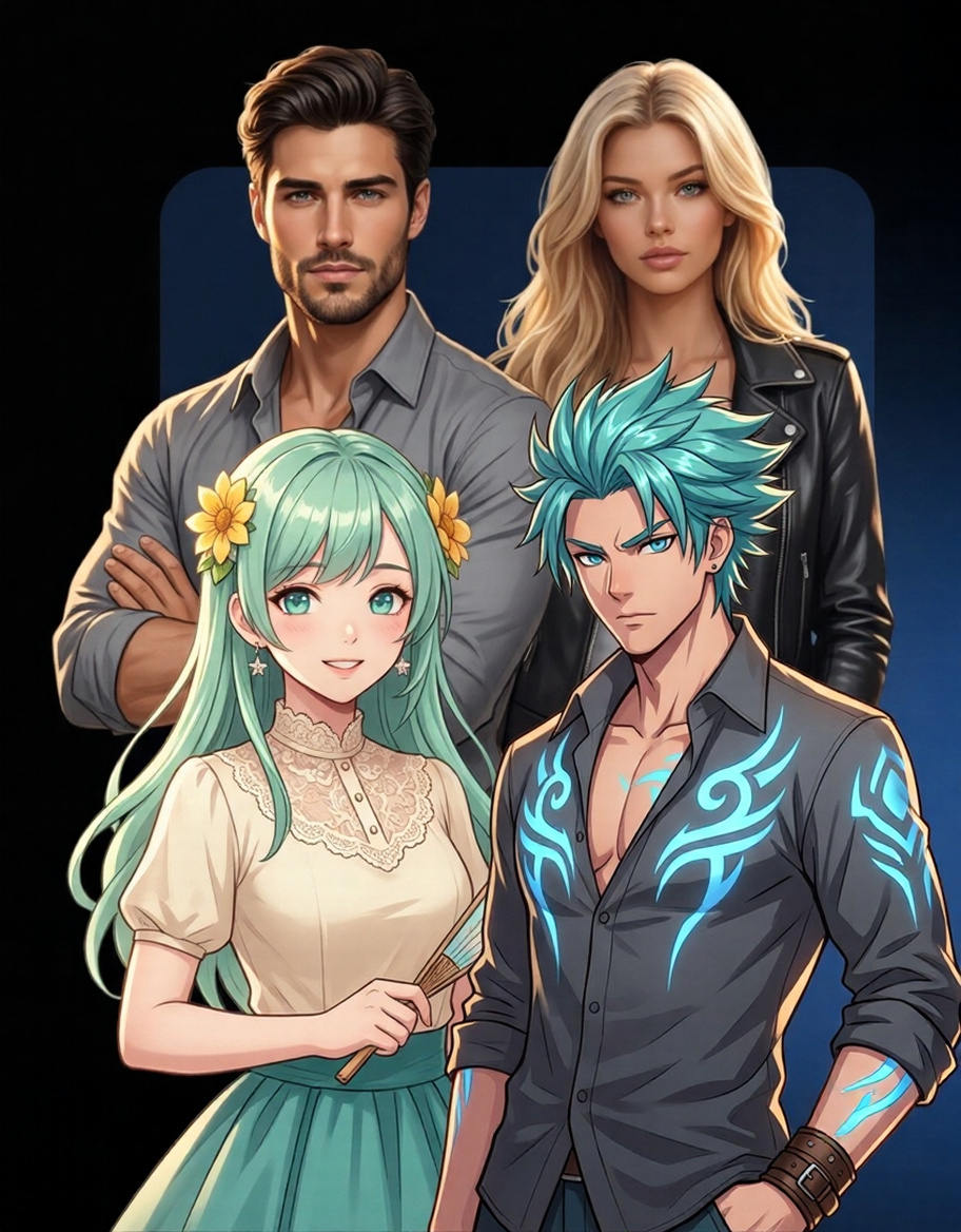 A group of human and illustrated AI companions